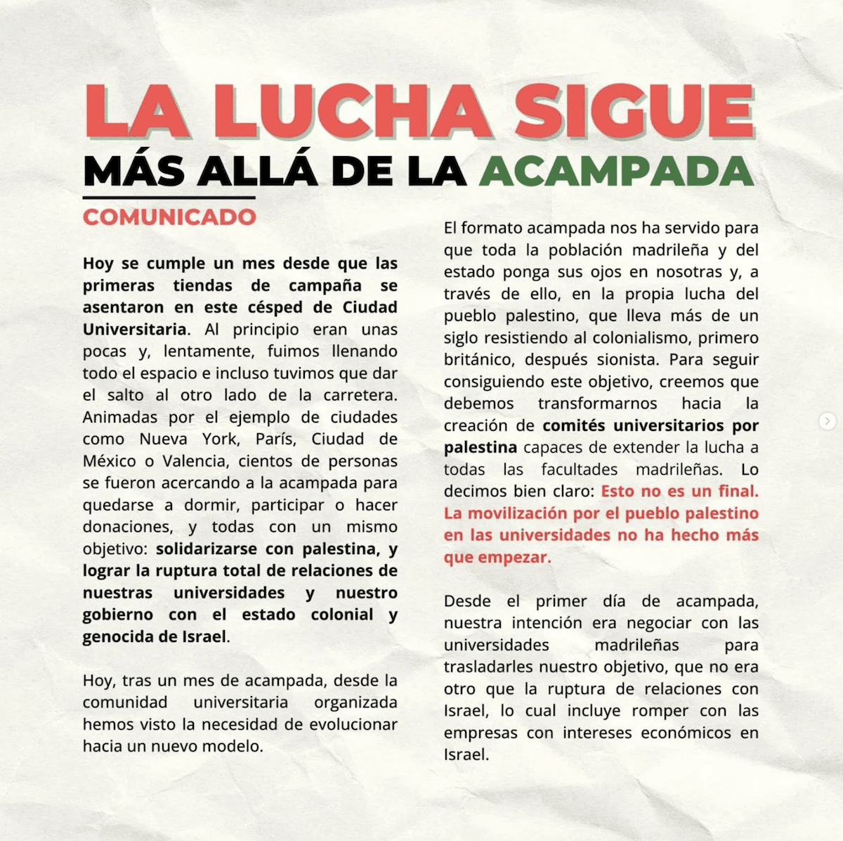 Comunicado fin de la acampada en Ciudad Universitaria: la lucha sigue más allá de la acampada