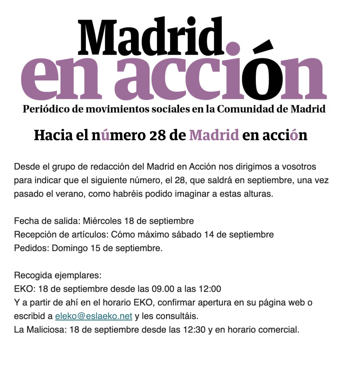 Hacia el número 28 de Madrid en Acción, septiembre 2024